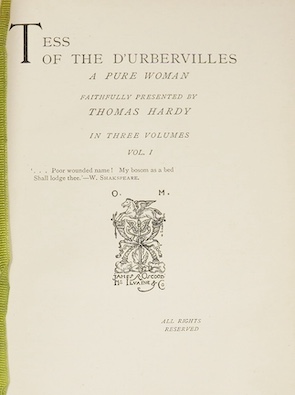 Hardy, Thomas - Tess of the D'Urbervilles a pure woman faithfully presented...in three volumes, London: James R. Osgood, McIlvaine and Co., 1891, 8vo, with half titles, contemporary red crushed half morocco, green silk b